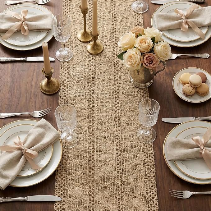 Burlap Boho Table Runner Macrame Brown 72in Farmhouse Woven Runner | Burlap - Image 8