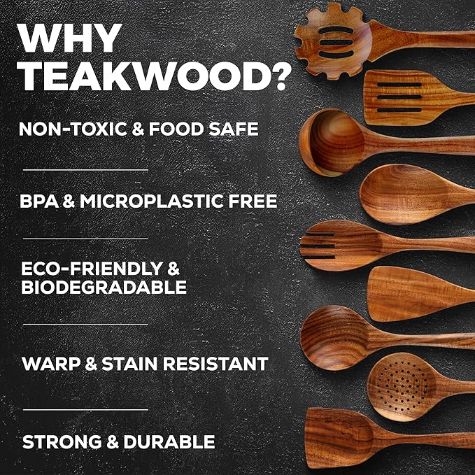 Zulay Kitchen 9-Piece Teak Wood Cooking Utensil Set – Non-Toxic & Non-Stick - Image 4