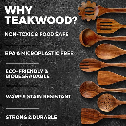 Zulay Kitchen 9-Piece Teak Wood Cooking Utensil Set – Non-Toxic & Non-Stick - Image 4