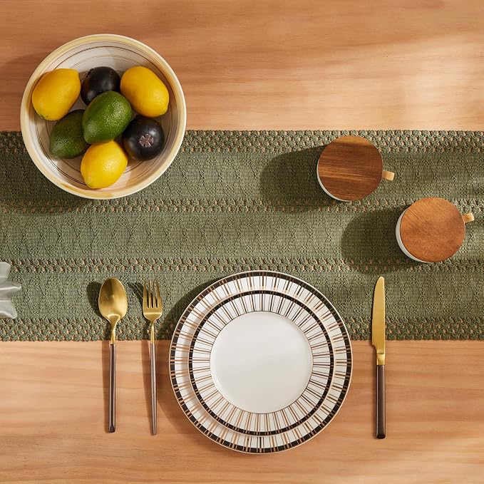 Macrame Style Boho Table Runner, 12x108 Inch Moss | Woven Boho Table Runner - Image 4