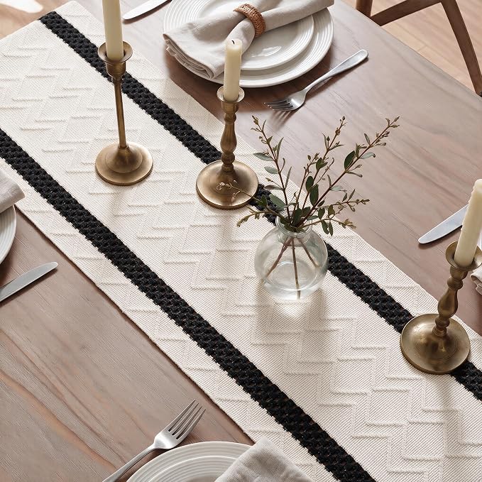 Artoid Mode Black Stripe Woven Rustic Table Runner 12x120 Inch | Holiday - Image 4