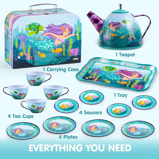 JOYIN Mermaid Tea Party Set for Little Girls, Pretend Tin Teapot Set, Princess - Image 2