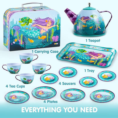 JOYIN Mermaid Tea Party Set for Little Girls, Pretend Tin Teapot Set, Princess - Image 2