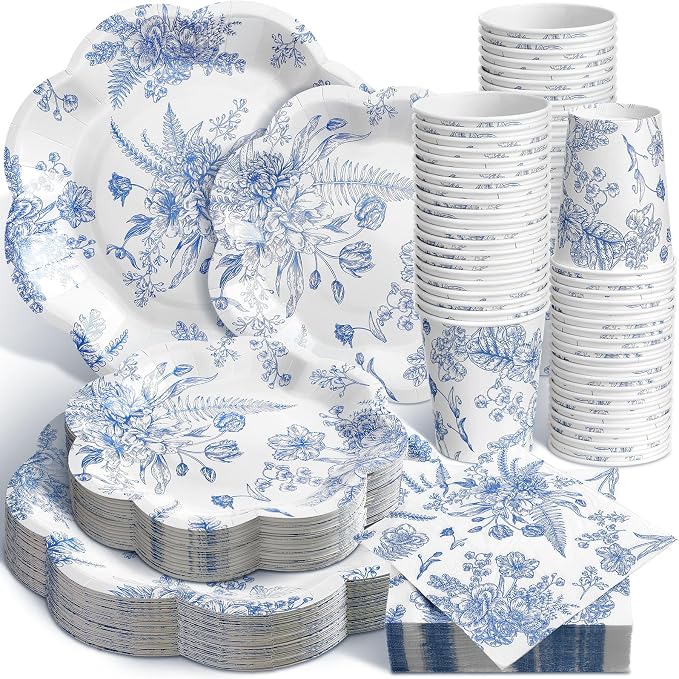 250 Pcs Blue Floral Disposable Paper Plate Napkins | Disposable Tableware by Newtay