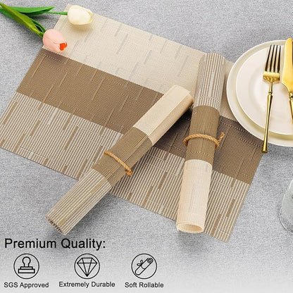 Placemats Set of 4, Vinyl Woven Place Mats Indoor Set of 4 Washable Wipeable PVC Table Mats Heat-Resistant Non Slip Placemat for Kitchen Dining Outdoor Table (Beige Light Brown, Set of 4)
