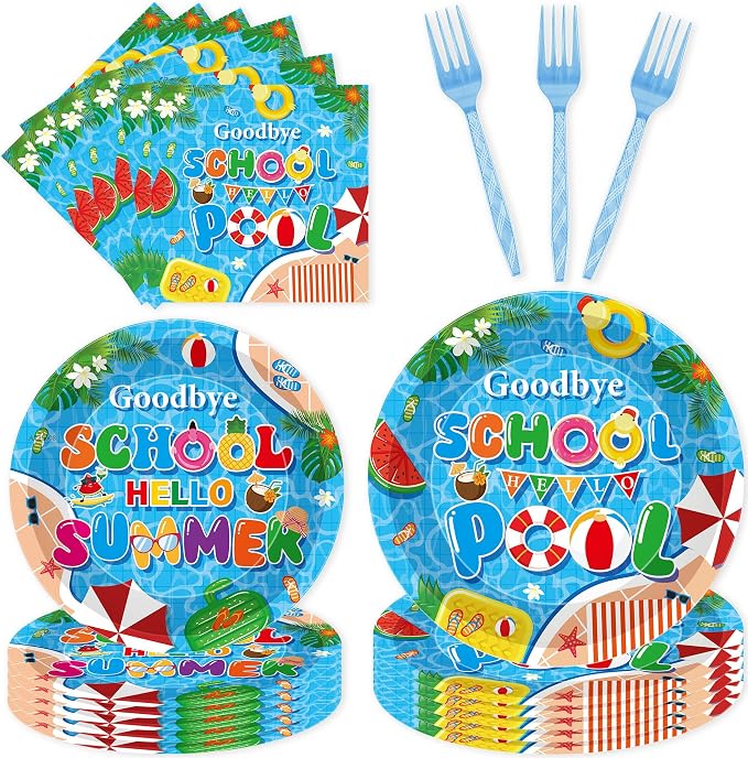 96 Pcs Goodbye School Hello Pool Party Decorations, Summer Pool Party Plates by EoBeCy