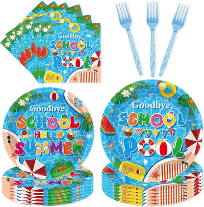 96 Pcs Goodbye School Hello Pool Party Decorations, Summer Pool Party Plates by EoBeCy