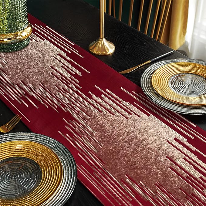 Luxury Red Gold Table Runner 72 Inches Long, Modern Abstract Geometric | Faux - Image 5