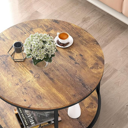 NSdirect Round Coffee Table, 25.6" Small Coffee Table for Living Room,2-Tier Rustic Wood Desktop with Storage Shelf Modern Design Home Furniture(Brown)
