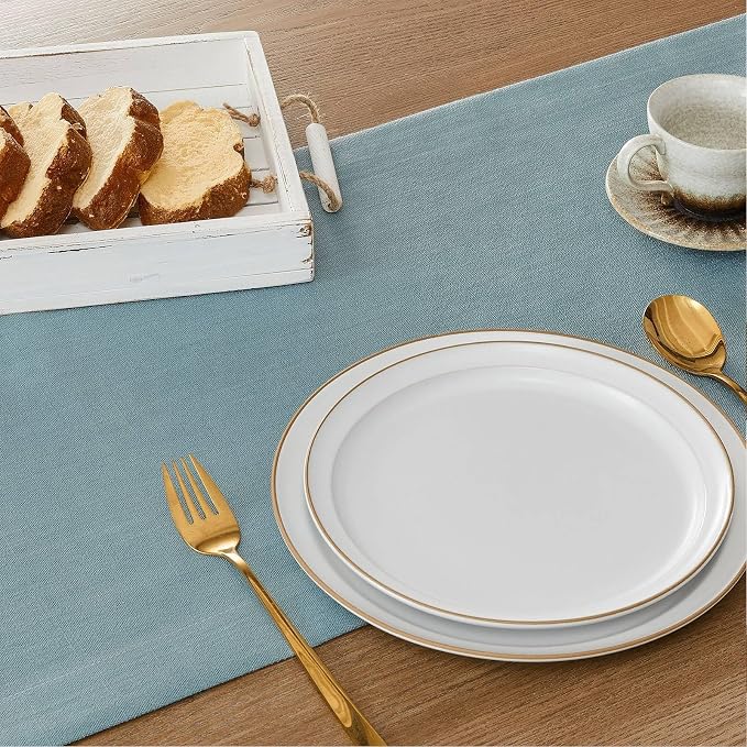 Linen Textured Border Table Runner, 14 x 48 Inch Blue | Mitered Corner Design - Image 5