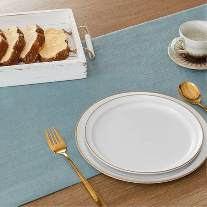Linen Textured Border Table Runner, 14 x 48 Inch Blue | Mitered Corner Design - Image 5