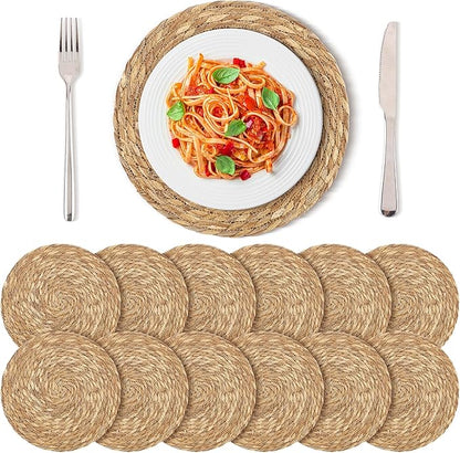 Kochorie Set of 12 Round Woven Placemats 12 Inches Bulrush Placemats Natural Hand-Woven Boho Rattan Placemats Wicker Table Mats Farmhouse Weave Place Mats for Home Dining Table
