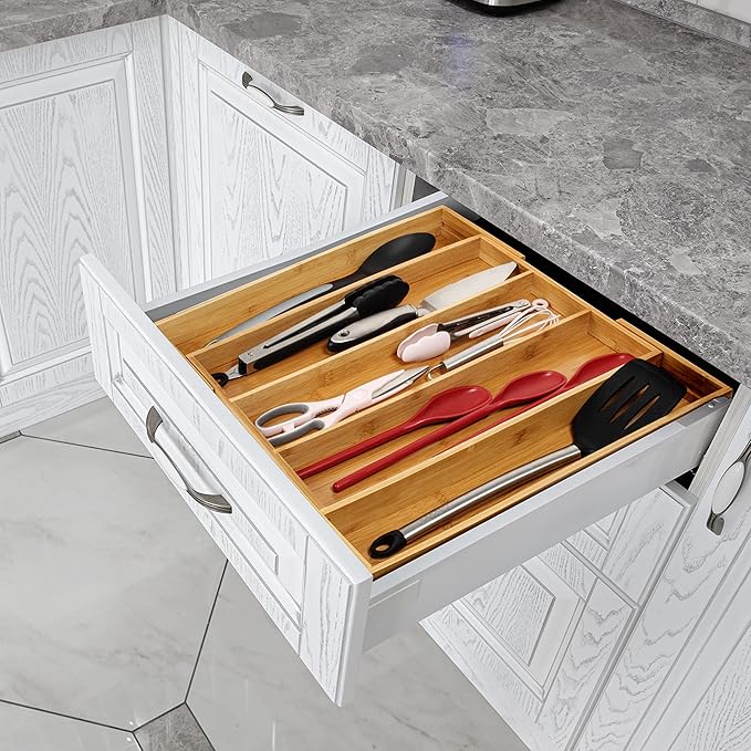 Purawood Kitchen Drawer Organizer, 2 Pack - Expandable Utensil Drawer Organizer for Kitchen, Cutlery Tray & Silverware Organizer, 3-5 Slots - Bamboo Organizer for Utensils & Flatware (Natural)