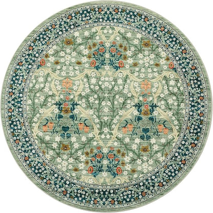 GarveeHome Sage Green Floral 6 ft Round Rug Washable Non-Slip Soft Low Pile Circle Carpet Vintage Rugs for Kitchen Bedroom Nursery Dining Living Room
