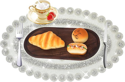 Sparkling Silver Diamond Placemats Bling Oval Place Mat Heat Elegant Table Decor for Weddings, Holidays, and Special Events (15x9 Inch)