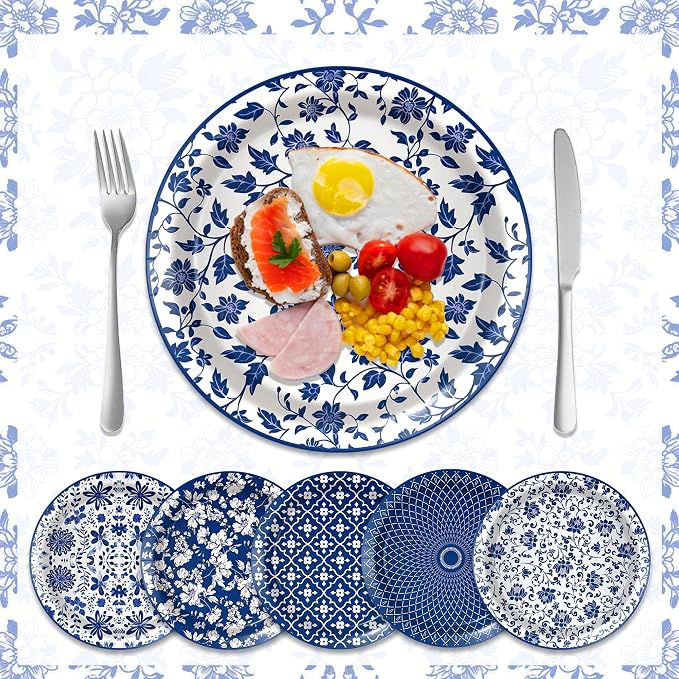 48 Pcs Blue and White Floral Party Paper Plates -7 Inch Disposable Vintage - Image 4
