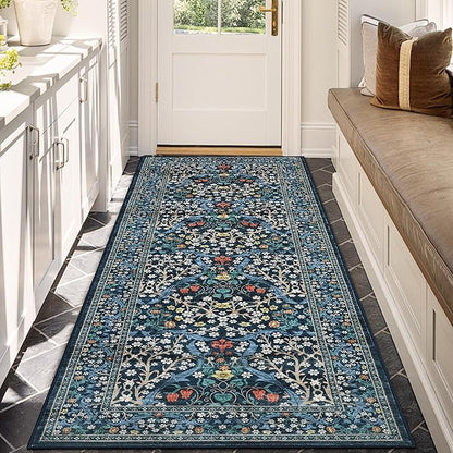GarveeHome Kitchen 2x6 Runner Rug, Floral Washable Rugs for Hallways Non Slip Stain Resistant, Boho Soft Rug Botanical Carpet for Entryway, Laundry Room, Bedroom Floor Mat, Dark Blue