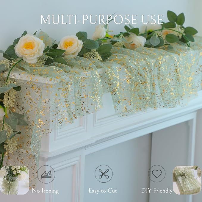 Snowkingdom Sage Gold Table Runner Gauze Sheer Tulle 10FT 120 Inch - Image 6
