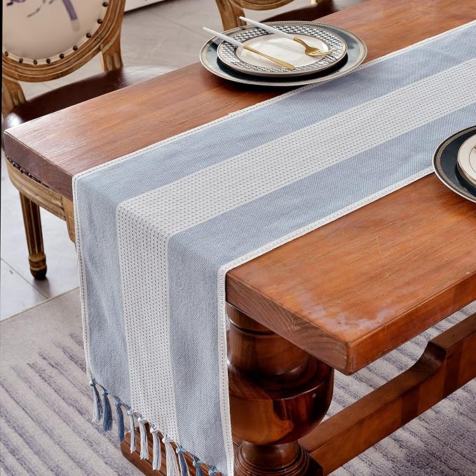 Wracra Linen Table Runner, Stripe Table Runners 60 Inches Long Blue | Delicate - Image 5