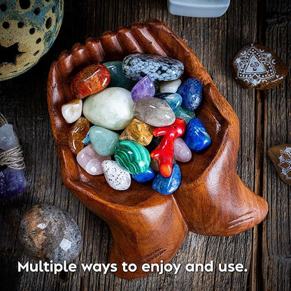 Curawood Carved Hands Offering Bowl - Crystal Holder for Stones, Rock Collection Holder, Crystal Display Storage Tray, Wooden Hands Bowl for Keys - Rock Display Case for Shelf, Stand, Altar Decor (M)