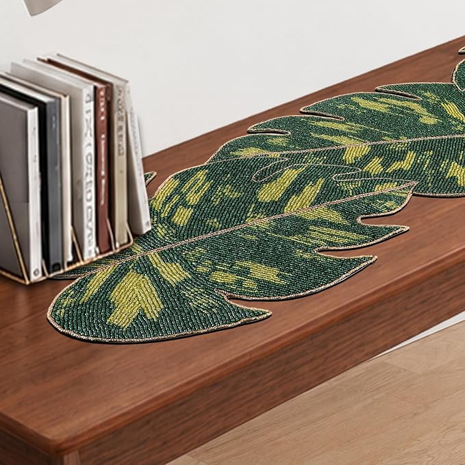 Monstera Leaf Beaded Table Runner 13 x 36 Inch, Handmade Glass Bead Runner - Image 8