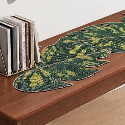Monstera Leaf Beaded Table Runner 13 x 36 Inch, Handmade Glass Bead Runner - Image 8