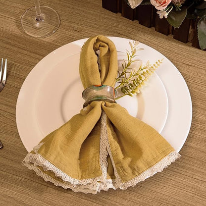 FINGERCRAFT Dinner Cloth Napkin Cotton Muslin Double Gauze 12 Pack with Classic Lace for Everyday Use, Wedding, Party, Christmas, Easter Napkins Cloth are Pre Shrunk and Good Absorbency Gold
