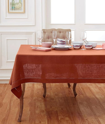 Solino Home Linen Cinnamon Tablecloth 60 x 132 Inch - Classic Hemstitch, 100% Pure Linen Rectangular Tablecloth - Machine Washable Table Cloth