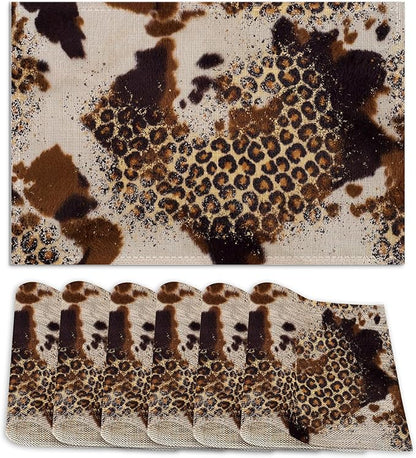 Cowhide with Glitter Leopard Print Place Mats Set of 6, Table Mats,Heat Insulation Non Slip Washable Dining Placemats for Wedding Holiday Party Kitchen Decor 12X18 in