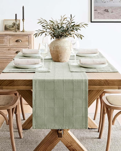 Linen Checked Farmhouse Table Runner, 13x60 Inches Seeding Green | Raised Grid - Image 2
