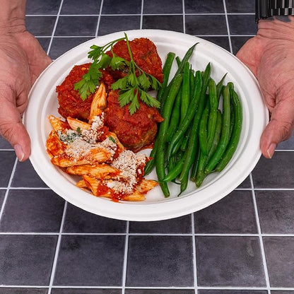 9-Inch 125-Pack Disposable Bagasse Paper Plates, Styro Foam Food Trays, Microwave Safe Meal Plates for Holidays, Party Favors & Events, Bulk