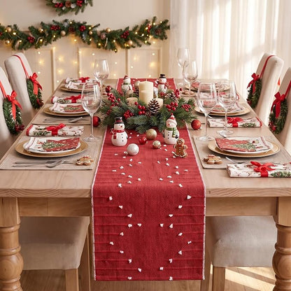 Artoid Mode Red Farmhouse Rustic Cotton Woven Table Runner, Seasonal Christmas - Image 2