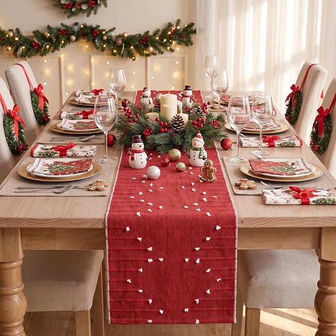Artoid Mode Red Farmhouse Rustic Cotton Woven Table Runner, Seasonal Christmas - Image 2