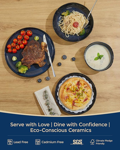24 Pieces Dinnerware Set for 6 with Pasta Bowls, Complete Ceramic Dish Set, Stackable & Glossy Stoneware Plate and Bowl Set for Effortless Everyday Hosting, Starry Blue