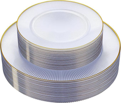 Hioasis 60pcs Clear Gold Plastic Plates - Gold Disposable Dinnerware Set, 30pcs Dinner 10.25in & 30pcs dessert 7.5in plates with striped designs for party & wedding