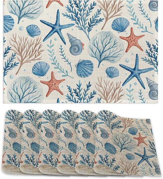Placemats12x18 Inch,Beach Seashell Placemats,Coral Starfish Kitchen Dining Coffee Table Mats Set of 6 for Home Indoor Outdoor Party
