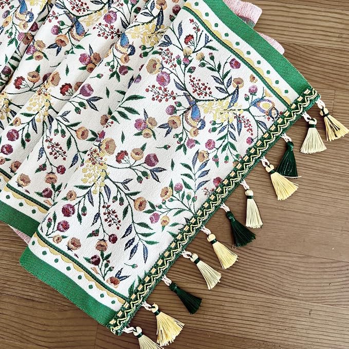 Floral Table Runner with Tassel Edges, Cotton Blend Decorative Runner - Image 4