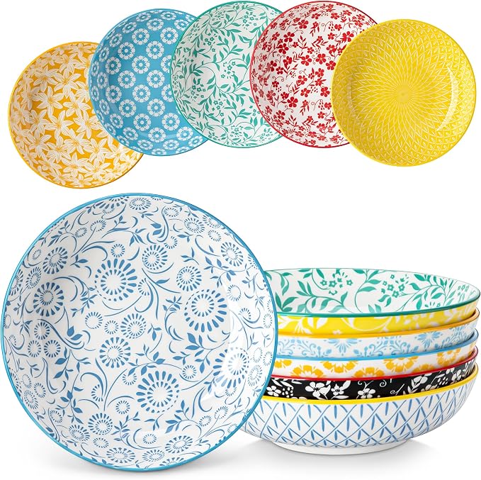 vancasso 8.5" Pasta Bowls Set of 6, 40 oz Porcelain Shallow Salad Bowls by vancasso