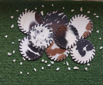 Cowhide Coasters Set of 6 pcs Round Natural Cowhides Drink Pads Hair On Genuine - Image 3