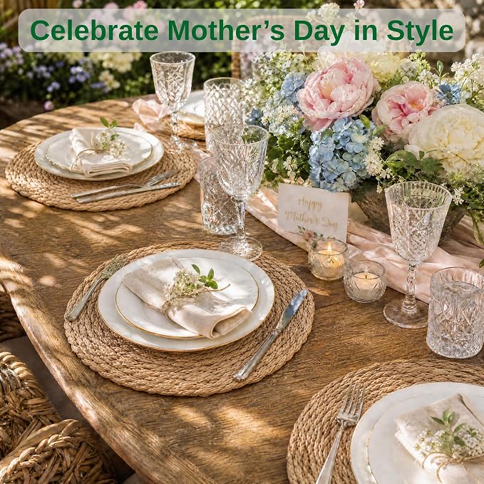 13.8'' Round Woven Placemats Set of 6, Boho Wicker Chargers, Terrekraft | - Image 3