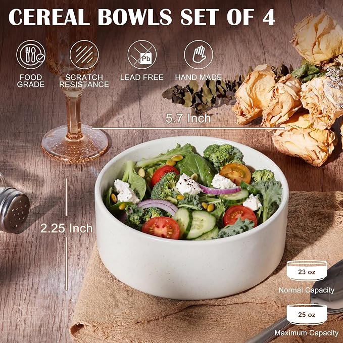 E-far Cereal Bowls Set of 4, 25oz White Ceramic Deep Soup Bowls - Image 2
