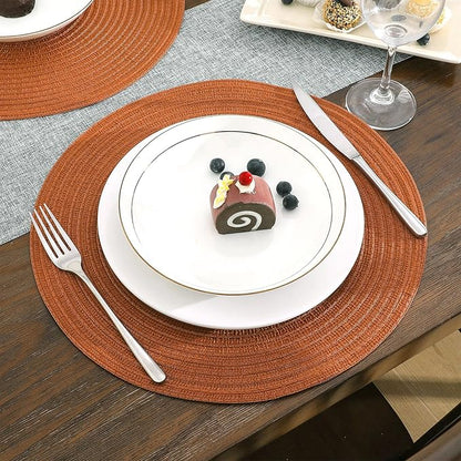 SHACOS Round Placemats Set of 6 Washable 15 inch Round Placemat Cotton Polyester Woven Braided Table Place Mats for Dining Table Decor, Dark Orange