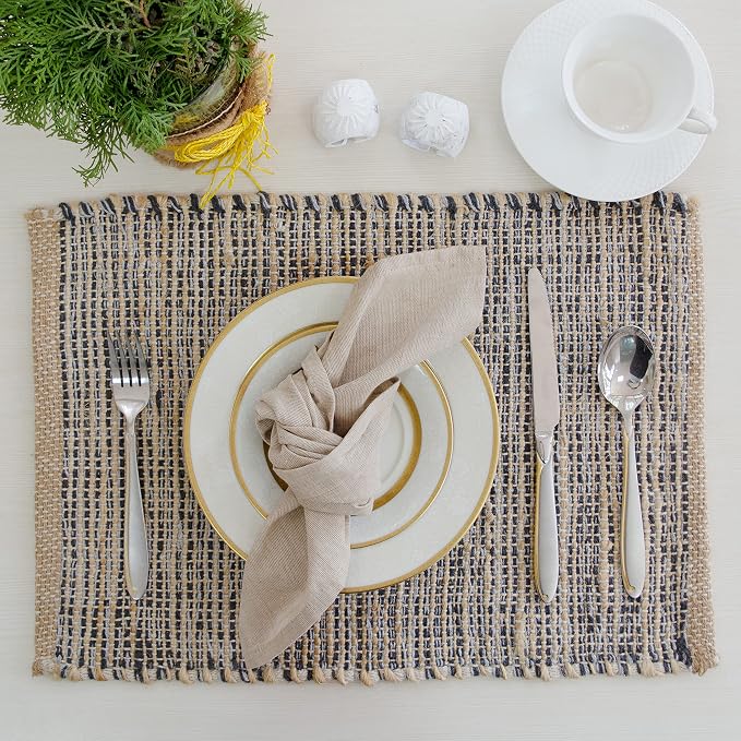 Natural Jute & Grey Placemats, 13x19 Inch Dining Table Placemats by ChardinHome