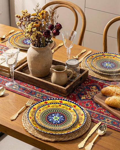 Hioasis 60pcs Plastic Disposable Plates Set - Layered Circular Pattern with Red & Yellow Accents, 10.25 Dinner & 7.5 Dessert Plates for Wedding,Anniversary,Party and Holiday