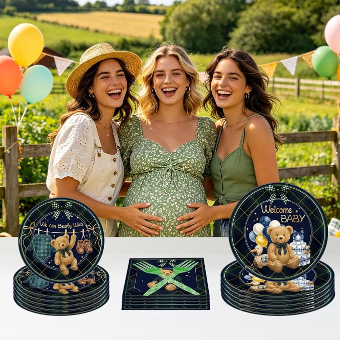 96 Pcs We Can Bearly Wait Baby Shower Decorations, Bear Tableware Set | - Image 6
