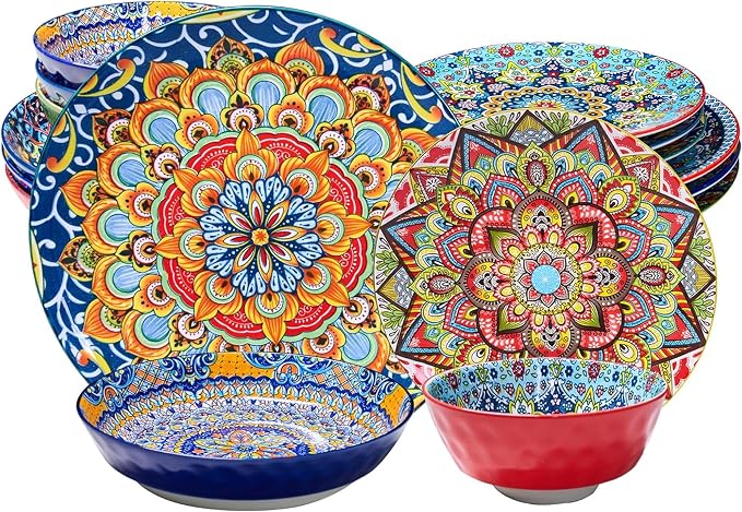 Plates and Bowls Set, Service for 4, 16 Pieces Ceramic Dinnerware Set, by Romatlink