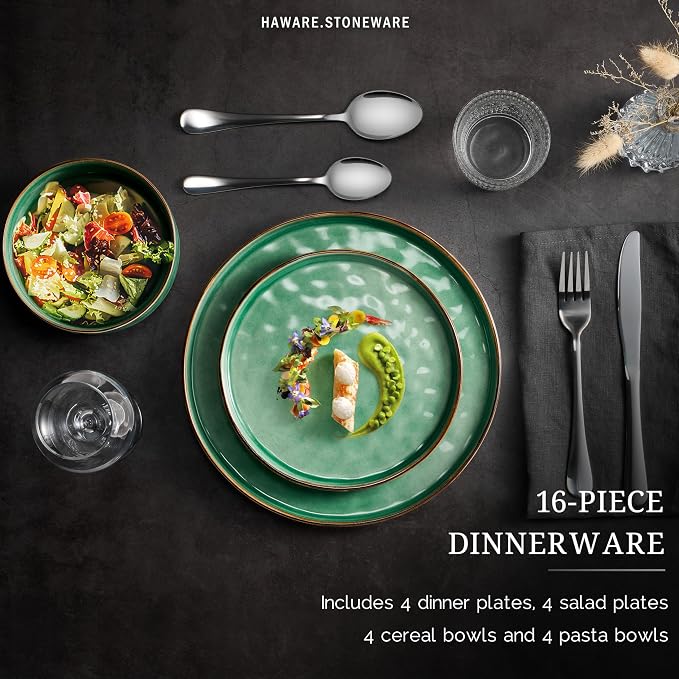 HaWare 16-Piece Dinnerware Set for 4, Stoneware Dish Set, Reactive Green | - Image 3