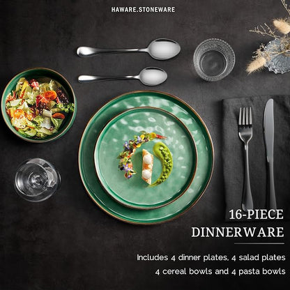 HaWare 16-Piece Dinnerware Set for 4, Stoneware Dish Set, Reactive Green | - Image 3