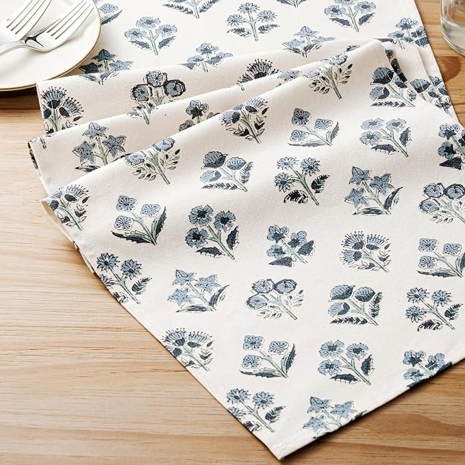 Block Print Floral Decorative Table Runners, 13x60 Inch Dusty Blue | 100% - Image 6