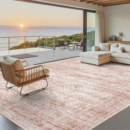Washable Area Rug 8x10, Large Soft Rugs for Living Room Vintage Area Rugs for Bedroom Dining Room Non-Slip Stain Resistant Pink Under Table Rug